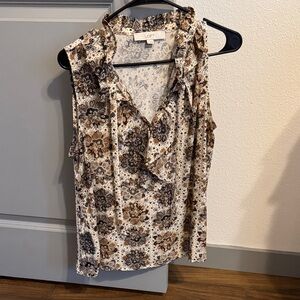 LOFT Floral Ruffle V-Neck Sleeveless Top in Beige and Brown